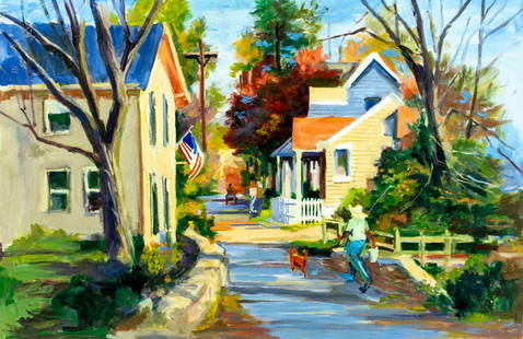 John Reilly (NY,NJ,1942-2021) oil painting: ARTIST: John Reilly (New York, New Jersey, 1942 - 2021) TITLE: Town Scene MEDIUM: oil on board CONDITION: Some damages to corners. Some scratches. No visible inpaint under