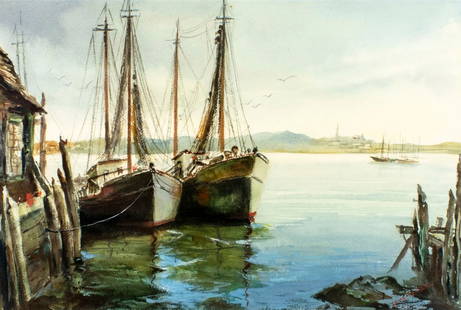 Laine Tenbusch (US,1905-2001) watercolor painting: ARTIST: Laine Tenbusch (American, 1905 - 2001) TITLE: Harbor Scene MEDIUM: watercolor on heavy paper CONDITION: Very good. Framed under glass. ART SIZE: