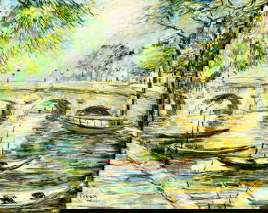 Antique early 20C French oil painting signed: ARTIST: - (France, early 20 century) TITLE: Paris Bridge Cityscape MEDIUM: oil on canvas CONDITION: Few pinholes along edges. Some craquelure. No visible inpaint under UV