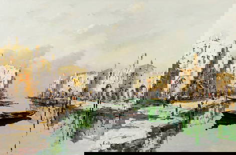 F Galliani (Italy,1914-?) oil painting: ARTIST: F Galliani (Italian, 1914 - ???) TITLE: Venice Canal Cityscape, Italy MEDIUM: oil on canvas CONDITION: Unstretched (In-House stretching available). Some scratches/