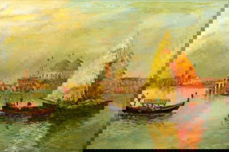 Gregiore (Italy,mid 20C) oil painting: ARTIST: Gregiore (Italian, mid 20 century) TITLE: Venetian Cityscape MEDIUM: oil on canvas CONDITION: Few small paint losses. Some craquelure. No visible inpaint under UV li