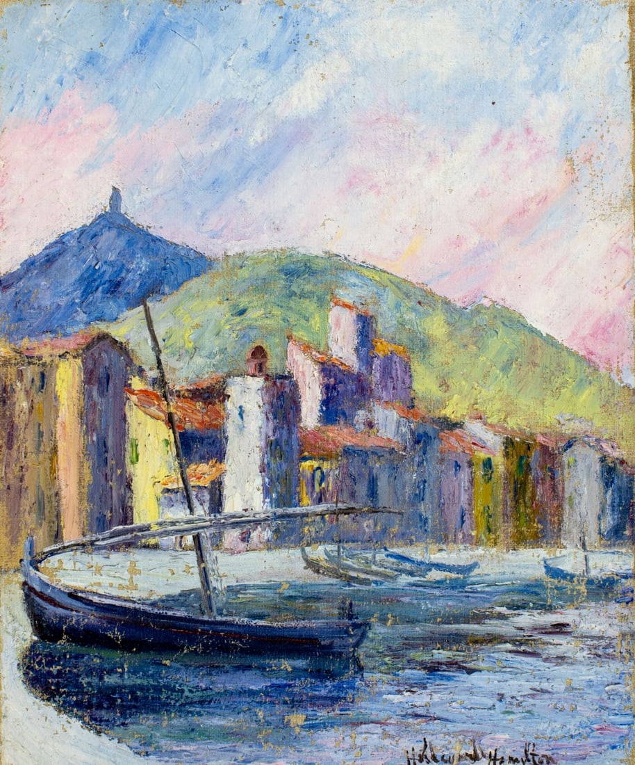 Hildegarde Hamilton (FL,VA,1898-1970) oil painting: ARTIST: Hildegarde Hume Hamilton (Florida, Virginia, 1898 - 1970) TITLE: Italian Coastal Town MEDIUM: oil on canvas CONDITION: Some flaking/paint losses (see pictures care