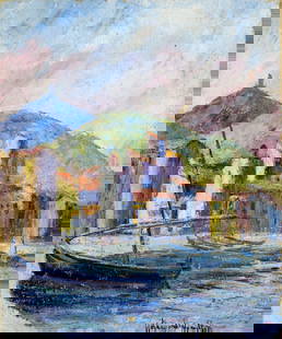 Hildegarde Hamilton (FL,VA,1898-1970) oil painting: ARTIST: Hildegarde Hume Hamilton (Florida, Virginia, 1898 - 1970) TITLE: Italian Coastal Town MEDIUM: oil on canvas CONDITION: Some flaking/paint losses (see pictures care