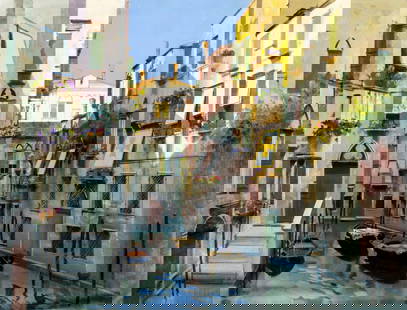 Raimondo Roberti (Italy,1947-?) oil painting: ARTIST: Raimondo Roberti (Italian, 1947 - ???) TITLE: Venice Canal Cityscape with Boats MEDIUM: oil on canvas CONDITION: Unstretched (In-House stretching available). Overa