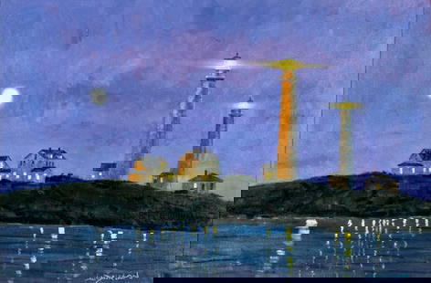 Lindsay Dawson (CA,b 1959) oil painting: ARTIST: Lindsay Dawson (California, born 1959) TITLE: Twin Lights at Rockport, MA (titled on verso) YEAR: 2011 MEDIUM: oil on canvas CONDITION: Very good. No visible inpaint under UV light. Normal