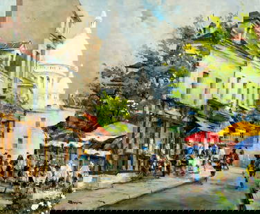 Julien Brosius (France,1917-2004) oil painting: ARTIST: Julien Brosius (French, 1917 - 2004) TITLE: Monmartre la Place du Teatre, Paris, France (titled on verso) MEDIUM: oil on canvas CONDITION: Unstretched (In-House stre