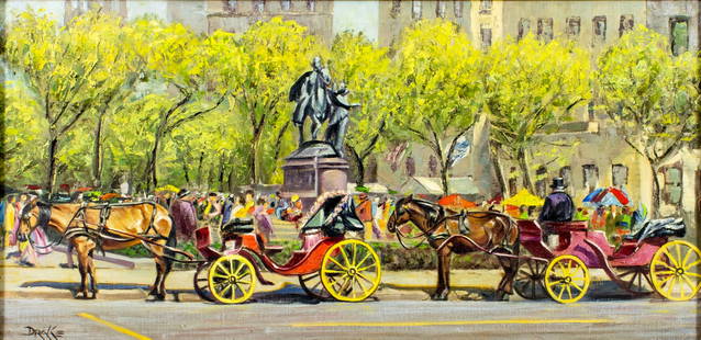 Drake (US,20C) oil painting: ARTIST: Drake (American, 20 century) TITLE: Cityscape with Horse Carriages MEDIUM: oil on canvas CONDITION: Minor craquelure. No visible inpaint under UV light. ART SIZE: 15 x 30 inches / 38 x 76 cm