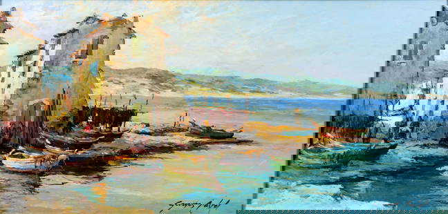 Georges Castel (Europe,20C) oil painting: ARTIST: Georges Castel (European, 20 century) TITLE: Harbor Scene with Fishing Boats MEDIUM: oil on board CONDITION: Some small scratches/paint losses. No visible inpaint under UV light. Some small