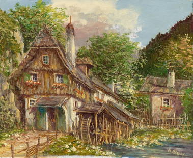 M Schony (German,1913-?) oil painting: ARTIST: M Schony (Germany, 1913 - ???) TITLE: Cityscape - Alte Muhle, Germany MEDIUM: oil on canvas CONDITION: Unstretched (In-House stretching available). Overall good. No visible inpaint under UV