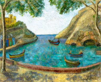 Hildegarde Hamilton (FL,VA,1898-1970) oil painting: ARTIST: Hildegarde Hume Hamilton (Florida, Virginia, 1898 - 1970) TITLE: Harbor Scene with Boats YEAR: 1965 MEDIUM: oil on canvas CONDITION: Few small paint losses mostly along edges. No visible