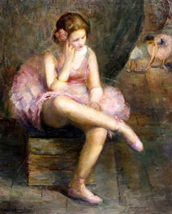 Marian Steele (NJ,MA,CA,1912-2001) oil painting: ARTIST: Marian E Williams Steele (New Jersey, Massachusetts, California, 1912 - 2001) TITLE: Ballerina MEDIUM: oil on canvas CONDITION: Relined. Some scratches/paint loss
