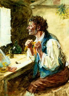 Hermann Kern (Hungary,1838-1912) watercolor painting antique: ARTIST: Hermann (Armin) Kern (Hungarian, 1838 - 1912) TITLE: Man at Table MEDIUM: watercolor on paper CONDITION: Some age toning. Framed under glass. Some small damages to
