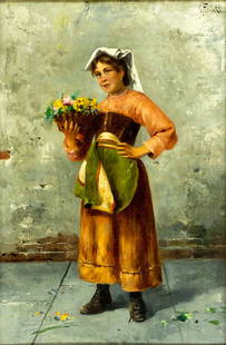 G Finali (Italy,19C) oil painting antique: ARTIST: G Finali (Italian, 19 century) TITLE: Peasant Woman with Flower Basket MEDIUM: oil on canvas CONDITION: Relined. Minor craquelure. Some scattered small inpaintings.