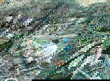 Evelyn Metzger (NY,Brazil,1911-2007) oil painting: ARTIST: Evelyn Borchard Metzger (New York, Brazilian, 1911 - 2007) TITLE: Central Park Scene, New York MEDIUM: oil on board CONDITION: Some damages to the upper corners. F