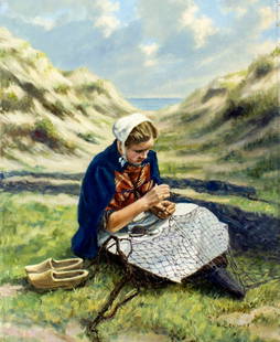 B Bouwer (Europe,20C) oil painting: ARTIST: B Bouwer (European, 20 century) TITLE: Woman Mending Fishing Net MEDIUM: oil on canvas CONDITION: Unstretched (In-House stretching available). Few small paint losses