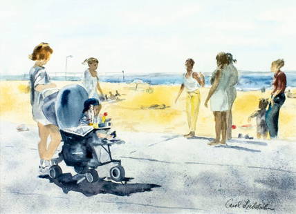 Carol Loeblsohn (NY,mid 20C) watercolor painting: ARTIST: Carol Loeblsohn (New York, mid 20 century) TITLE: Manhattan Beach (titled on label) MEDIUM: watercolor on paper CONDITION: Very good. Framed under glass. Wear to fr