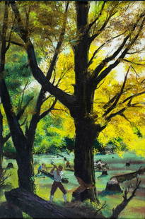 Alton Tobey (CT,1914-2005) oil painting: ARTIST: Alton Stanley Tobey (Connecticut, 1914 - 2005) TITLE: Virginian Settlers Clear Land (titled on verso) MEDIUM: oil on canvas. Canvas applied to board. CONDITION: Ov