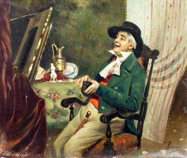 Pisani (Italy,early 20C) oil painting antique: ARTIST: Pisani (Italian, early 20 century) TITLE: Seated Gentleman MEDIUM: oil on canvas CONDITION: Few small repaired tears. Some small scratches/paint losses. Minor craqu