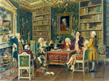 G A Ferry (US,mid 20C) oil painting: ARTIST: G A Ferry (American, mid 20 century) TITLE: Parlor Scene MEDIUM: oil on board CONDITION: Minor damages to corners. Minor paint losses. No visible inpaint under UV li
