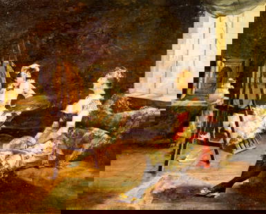 Enrique Miralles (Spain,1883-?) oil painting: ARTIST: Enrique Miralles (Spanish, 1883 - ???) TITLE: The Artist MEDIUM: oil on board CONDITION: Few small paint losses. Minor craquelure. Some scattered small inpaintings