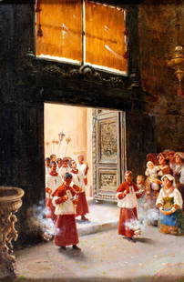 Francesco Bergamini (Italy,1851-1900) oil painting antique: ARTIST: Francesco Bergamini (Italian, 1851 - 1900) TITLE: The Procession MEDIUM: oil on canvas CONDITION: Relined. Minor paint losses. Minor craquelure. Some scattered inp