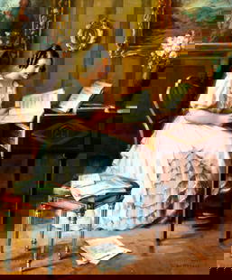 L V Strauss (German,20C) oil painting: ARTIST: L V Strauss (Germany, 20 century) TITLE: Lady at Piano MEDIUM: oil on canvas CONDITION: Unstretched (In-House stretching available). Few minor paint losses. Some cra