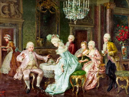 Cleto Luzzi (Italy,1884-1952) oil painting: ARTIST: Cleto Luzzi (Italian, 1884 - 1952) TITLE: A Mishap at Tea Time MEDIUM: oil on canvas. Canvas applied to board. CONDITION: Minor craquelure. Some scattered inpainti