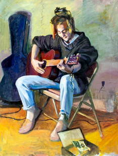 John Reilly (NY,NJ,1942-2021) oil painting: ARTIST: John Reilly (New York, New Jersey, 1942 - 2021) TITLE: Guitar Player MEDIUM: oil on board CONDITION: Some nail holes along edges. One vertical repaired crack 9" long starting from the upper