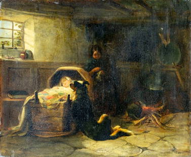 John Phillips (UK,19C) oil painting antique: ARTIST: John Phillips (United Kingdom, 19 century) TITLE: A Highland Mother (titled on label) MEDIUM: oil on canvas CONDITION: Relined. Would benefit from cleaning. Minor sc