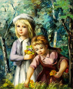 Jose Buigas (Spain,1927-?) oil painting: ARTIST: Jose Buigas (Spanish, 1927 - ???) TITLE: Girls Picking Flowers MEDIUM: oil on canvas CONDITION: Unstretched (In-House stretching available). Minor paint losses. So