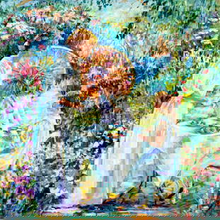 Irene Borg (CA,b 1950) oil painting: ARTIST: Irene Borg (California, born 1950) TITLE: Tea Time MEDIUM: oil on canvas CONDITION: Few nail holes along edges. Some paint losses along edges. Some craquelure. No vi