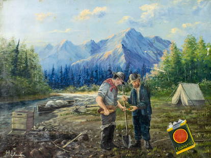 Vintage mid 20C American oil painting signed: ARTIST: - (American, mid 20 century) TITLE: Gold Diggers on Smoke Break MEDIUM: oil on canvas CONDITION: Some paint losses (see pictures carefully). Some craquelure. Some small scattered