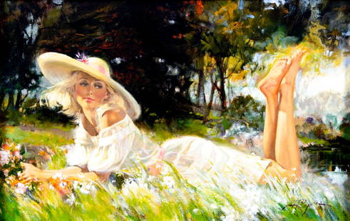 Howard Rogers (AZ,CA,1932-2022) oil painting: ARTIST: Howard Rogers (Arizona, California, 1932 - 2022) TITLE: Woman Laying in the Grass MEDIUM: oil on canvas CONDITION: Very good. No visible inpaint under UV light. ART SIZE: 14 x 22 inches /