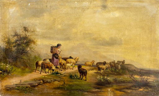 ATTR Christian Mali (German,1832-1906) oil painting antique: ARTIST: ATTRIBUTED TO Christian Friedrich Mali (Germany, 1832 - 1906) TITLE: Landscape with Sheep (titled on verso) MEDIUM: oil on canvas CONDITION: One patch. Some small