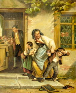 C Schullman (Europe,19C) oil painting antique: ARTIST: C Schullman (European, 19 century) TITLE: School Scene MEDIUM: oil on canvas CONDITION: One small patch. Some paint losses. Minor craquelure. Some scattered small in