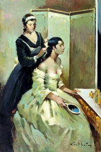 Joan Giralt Lerin (Spain,1907-?) oil painting: ARTIST: Joan Giralt Lerin (Spanish, 1907 - ???) TITLE: Lady Getting Hair Done MEDIUM: oil on canvas CONDITION: Unstretched (In-House stretching available). Few minor paint losses. Minor craquelure.