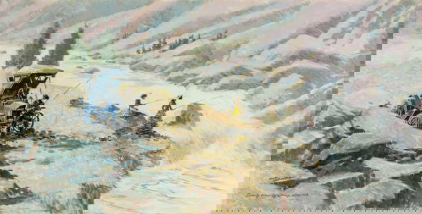 Will schaeffer (US,20C) oil painting: ARTIST: Will schaeffer (American, 20 century) NAME: Family Trouting Outing MEDIUM: oil on canvas CONDITION: Very good. No visible inpaint under UV light. SIGHT SIZE: 15 x 30 inches / 38 x
