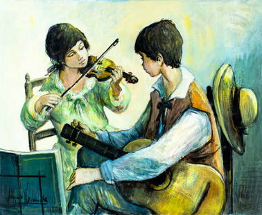 Jacques Lalande (French,1921-2003) oil painting: ARTIST: Jacques Lalande (France, 1921 - 2003) TITLE: Musicians YEAR: 1980 MEDIUM: oil on canvas CONDITION: Unstretched (In-House stretching available).
