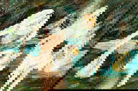 Thom H Street (PA,mid 20C) oil painting: ARTIST: Thom H Street (Pennsylvania, mid 20 century) TITLE: Bathing at the Falls YEAR: 1968 MEDIUM: oil on canvas CONDITION: Few minor paint losses mostly along edges. No visible inpaint under UV