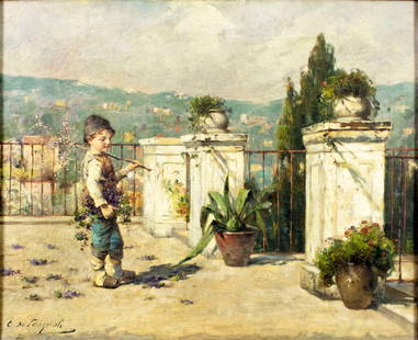 C de Pasquali (Europe,early 20C) oil painting antique: ARTIST: C de Pasquali (European, early 20 century) TITLE: Boy on Patio - In the Sunny Italy (titled on label) MEDIUM: oil on canvas CONDITION: One small patch. Few small pai