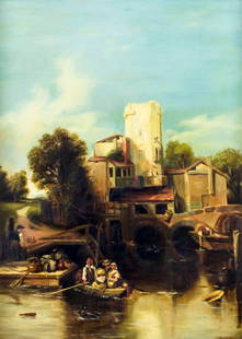 G Wylle (UK,19C) oil painting antique: ARTIST: G Wylle (British, 19 century) TITLE: Market Day MEDIUM: oil on canvas CONDITION: Missing a few flakes of paint. One minor inpainting by the upper edge. Some craquelure. Some damages to frame.