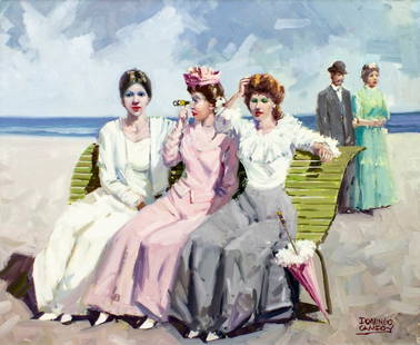 Domingo Campoy (Spain,1926-?) oil painting: ARTIST: Domingo Campoy (Spanish, 1926 - ???) TITLE: Three Ladies on Bench MEDIUM: oil on canvas CONDITION: Unstretched (In-House stretching available). Some craquelure. No visible inpaint under UV