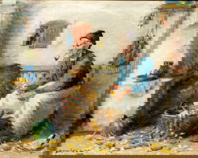 G A Horvath (Hungary,mid 20C) oil painting: ARTIST: G A Horvath (Hungarian, mid 20 century) TITLE: Interior Scene MEDIUM: oil on canvas CONDITION: Missing a few flakes of paint. Some craquelure. No visible inpaint under UV light. Some damages