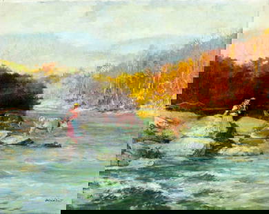 Erno Zorad (Hungary,1911-2004) oil painting: ARTIST: Erno Zorad (Hungarian, 1911 - 2004) NAME: Pastoral Scene MEDIUM: oil on canvas CONDITION: One puncture. Minor craquelure. No visible inpaint under UV light. Wear to frame. SIGHT SIZE: 24 x 30