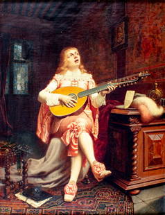Antique 19C French oil painting: ARTIST: - (France, 19 century) TITLE: Lute Player MEDIUM: oil on canvas CONDITION: One small patch. Few scratches/paint losses. Some craquelure. Some scattered inpaintings