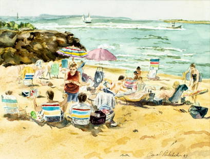 Carol Loebelsohn (NY,mid 20C) watercolor painting: ARTIST: Carol Loebelsohn (New York, mid 20 century) TITLE: Beach Scene YEAR: 1947 MEDIUM: watercolor on paper CONDITION: Some foxing (just few spots). Framed under glass. Minor damages to frame. ART