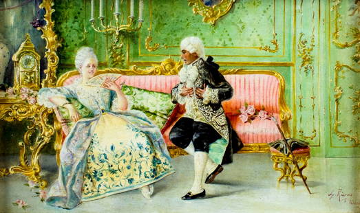 Antonio Rivas (Italy,Spain,1845-1911) oil painting antique: ARTIST: Antoni Rivas Oliver (Italian, Spanish, 1845 - 1911) NAME: Courting Couple MEDIUM: oil on board CONDITION: Very good. No visible inpaint under UV light. Minor damages to frame. SIG