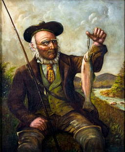 Antique 19C British oil painting signed: ARTIST: - (UK, 19 century) TITLE: Fisherman with Fish YEAR: 1907 MEDIUM: oil on canvas CONDITION: Relined. Restretched. Missing a few flakes of paint.