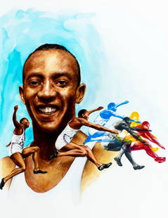 Paul Calle (CT,NY,1928-2010) colored pencil painting: ARTIST: Paul Calle (Connecticut, New York, 1928 - 2010) & Chris Calle (American, born 1961) TITLE: 1930s - Jesse Owens (titled on verso) YEAR: 1998 MEDIUM: colored pencil