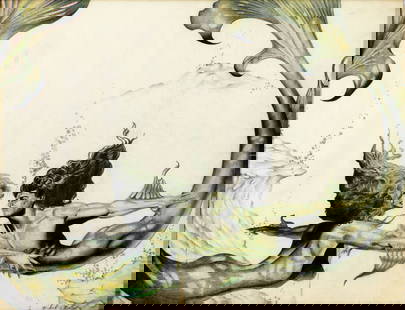 Michael O'Malley (US,20C) colored pencil painting: ARTIST: Michael O'Malley (American, 20 century) TITLE: Illustration - Mermaids MEDIUM: colored pencil on paper CONDITION: Some damage to the upper right corner. Few small te
